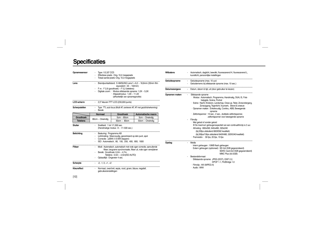 Samsung EC-L210ZSBA/AS, EC-L210B01KFR, EC-L210ZUDA/E3, EC-L210ZSDA/E3, EC-L210ZRDA/E3 Specificaties, Groothoek, 50cm ~ 80cm 