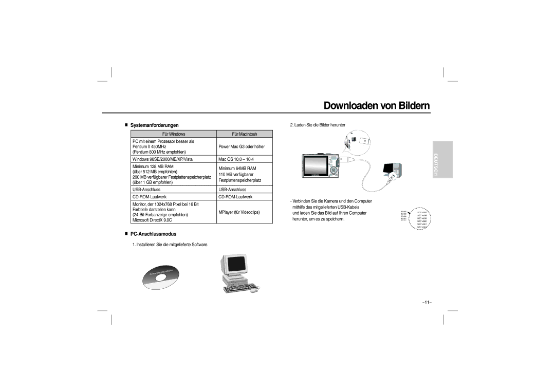 Samsung EC-L210ZBBA/E1, EC-L210B01KFR, EC-L210ZUDA/E3 manual Downloaden von Bildern, Systemanforderungen, PC-Anschlussmodus 