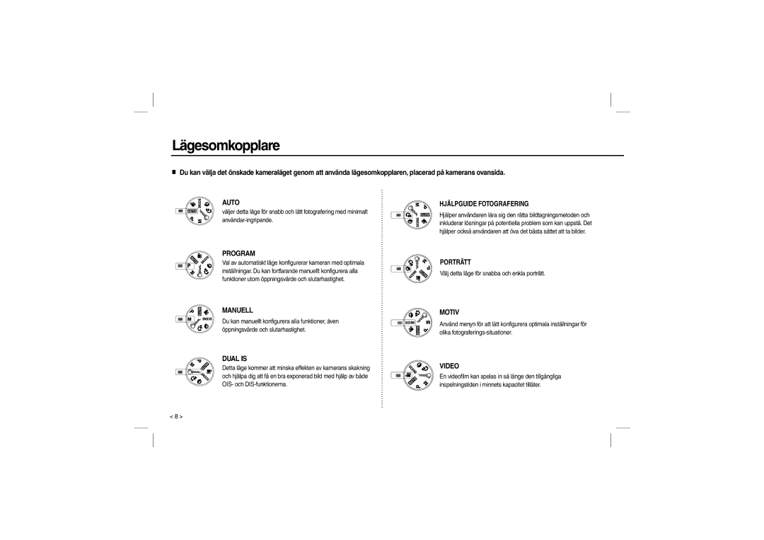 Samsung EC-L210ZRBA/LV, EC-L210B01KFR, EC-L210ZUDA/E3, EC-L210ZSDA/E3 manual Lägesomkopplare, Hjälpguide Fotografering 