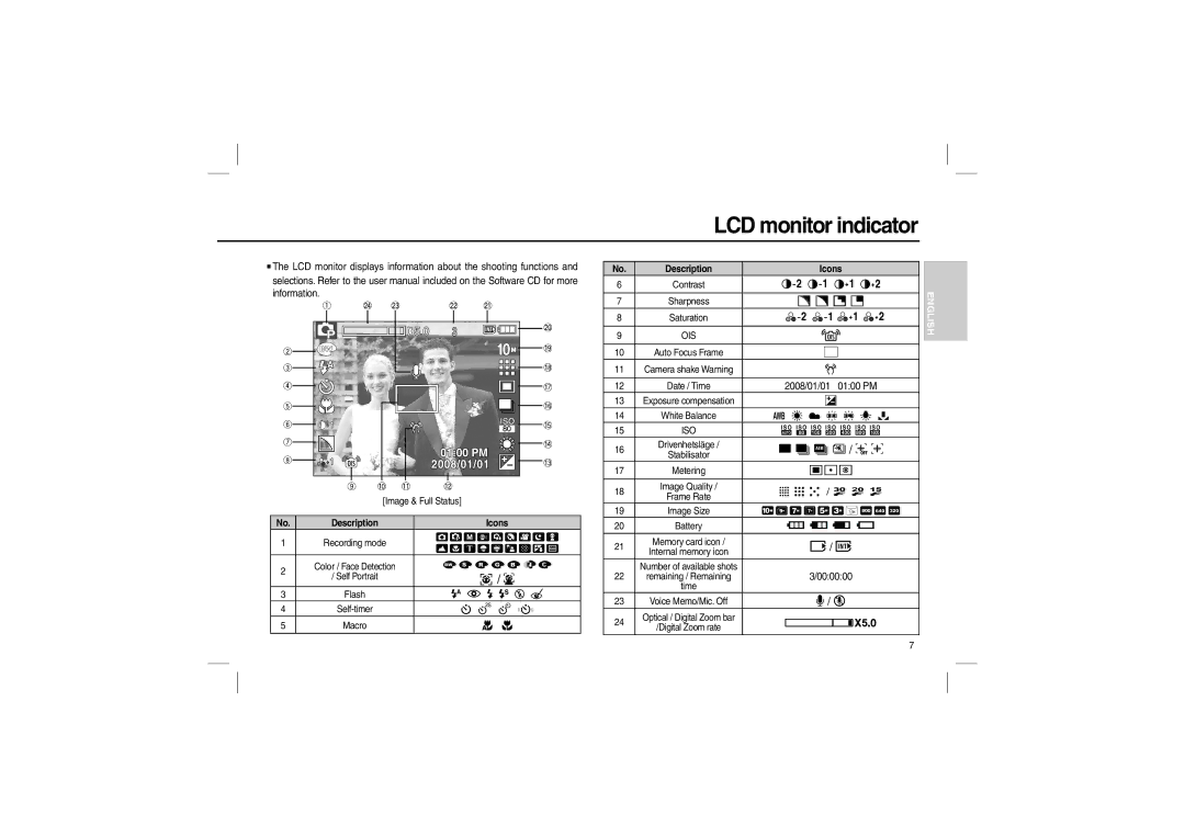 Samsung EC-L210ZBDA/E3, EC-L210B01KFR, EC-L210ZUDA/E3, EC-L210ZSDA/E3, EC-L210S01KFR LCD monitor indicator, Description Icons 