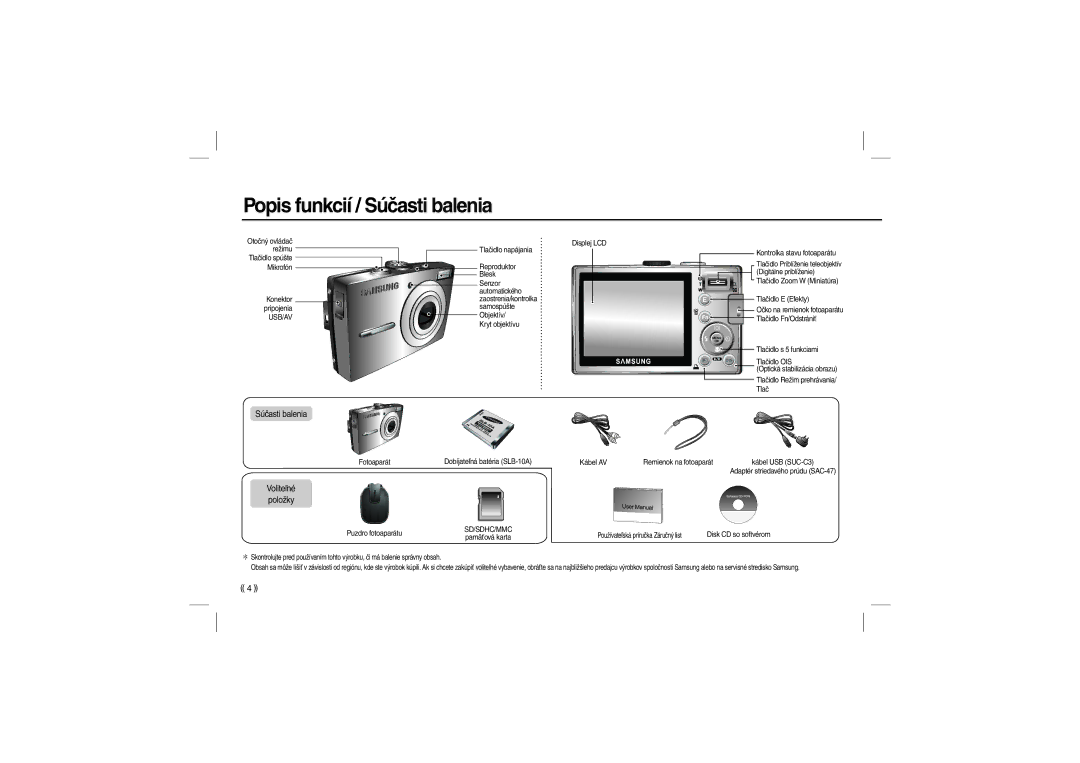 Samsung EC-L210ZBDA/AS, EC-L210B01KFR, EC-L210ZUDA/E3, EC-L210ZSDA/E3, EC-L210ZRDA/E3 manual Popis funkcií / Súčasti balenia 