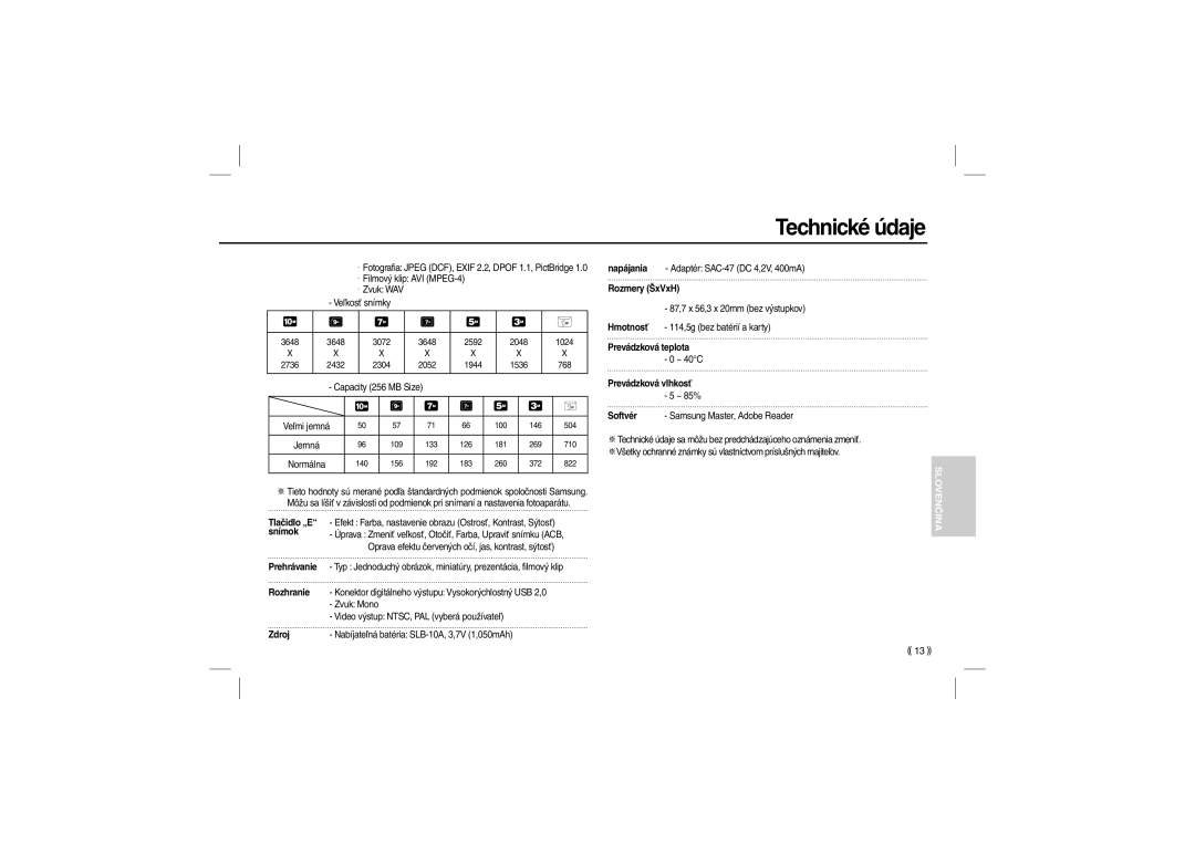 Samsung EC-L210ZSBA/VN, EC-L210B01KFR, EC-L210ZUDA/E3 manual Zdroj, Rozmery ŠxVxH, Prevádzková teplota, Prevádzková vlhkosť 