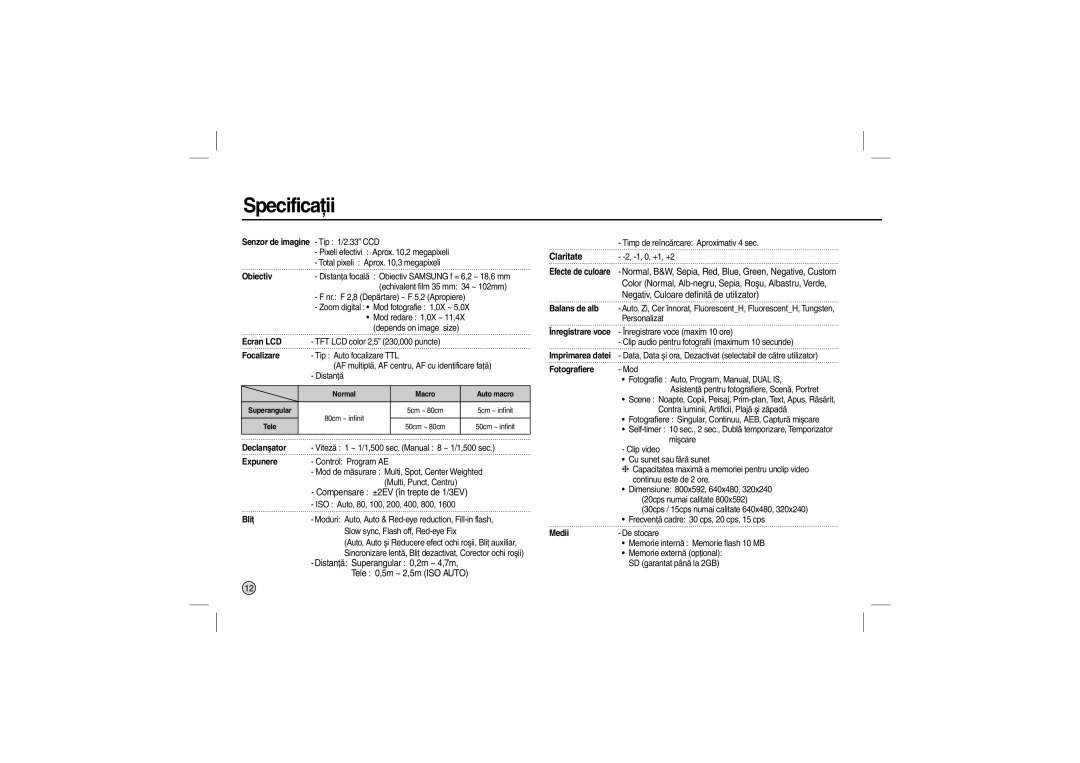 Samsung EC-L210ZPBC/E1, EC-L210B01KFR, EC-L210ZUDA/E3, EC-L210ZSDA/E3, EC-L210ZRDA/E3, EC-L210ZRBA/E2 manual Specificaţii 