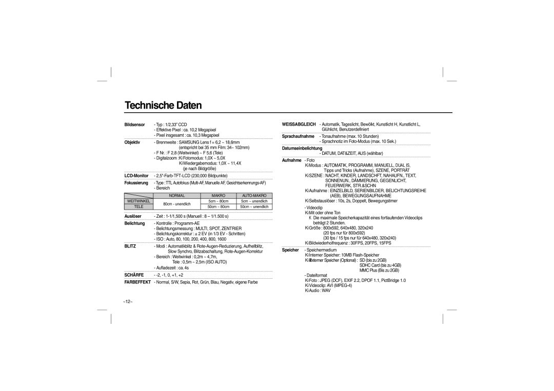 Samsung EC-L210ZSBA/GB, EC-L210B01KFR, EC-L210ZUDA/E3, EC-L210ZSDA/E3, EC-L210ZRDA/E3, EC-L210ZRBA/E2 manual Technische Daten 