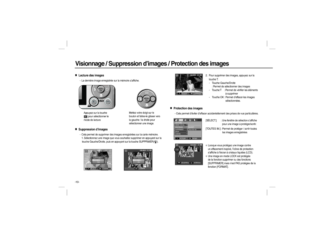 Samsung EC-L210ZBBA/TR manual Visionnage / Suppression d’images / Protection des images, Lecture des images, Sélect 