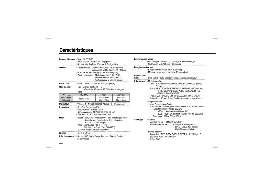 Samsung EC-L210ZSDA/AS, EC-L210B01KFR, EC-L210ZUDA/E3, EC-L210ZSDA/E3, EC-L210ZRDA/E3, EC-L210ZRBA/E2 manual Caractéristiques 