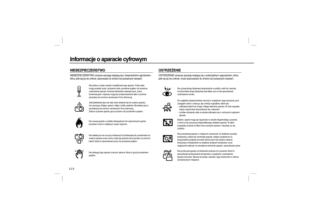 Samsung EC-L210ZPDA/E3, EC-L210B01KFR, EC-L210ZUDA/E3, EC-L210ZSDA/E3, EC-L210ZRDA/E3 manual Niebezpieczeństwo, Ostrzeżenie 