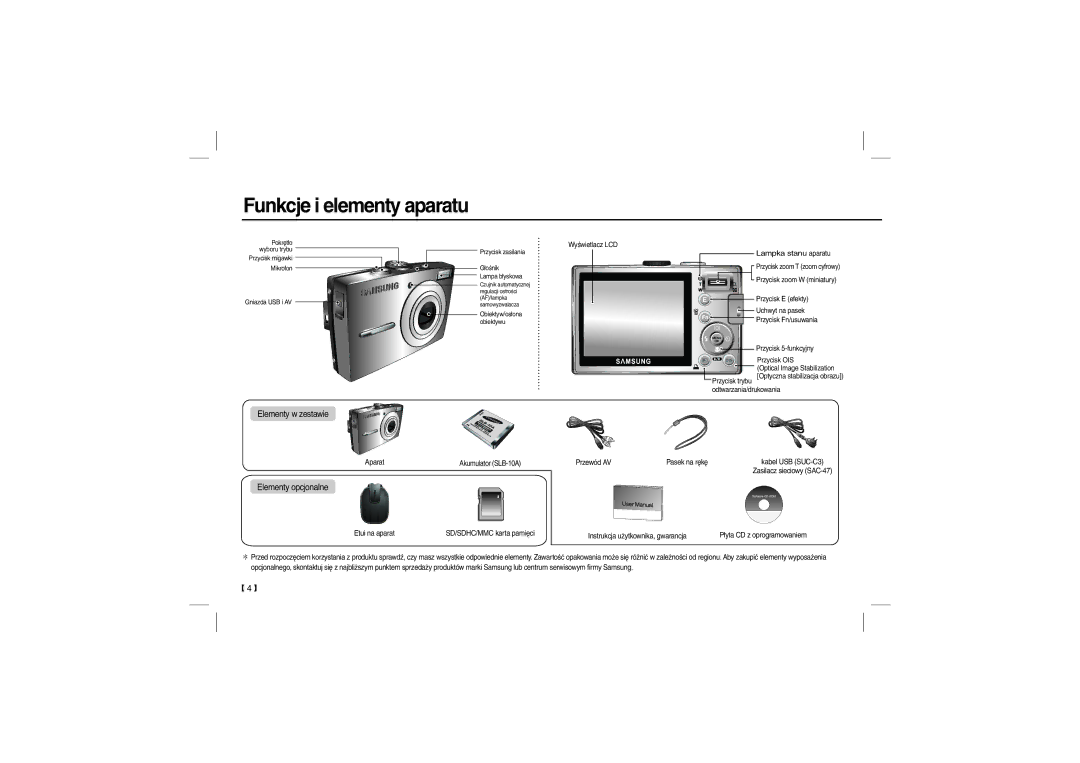 Samsung EC-L210ZBDA/E3, EC-L210B01KFR, EC-L210ZUDA/E3, EC-L210ZSDA/E3 manual Funkcje i elementy aparatu, Elementy w zestawie 