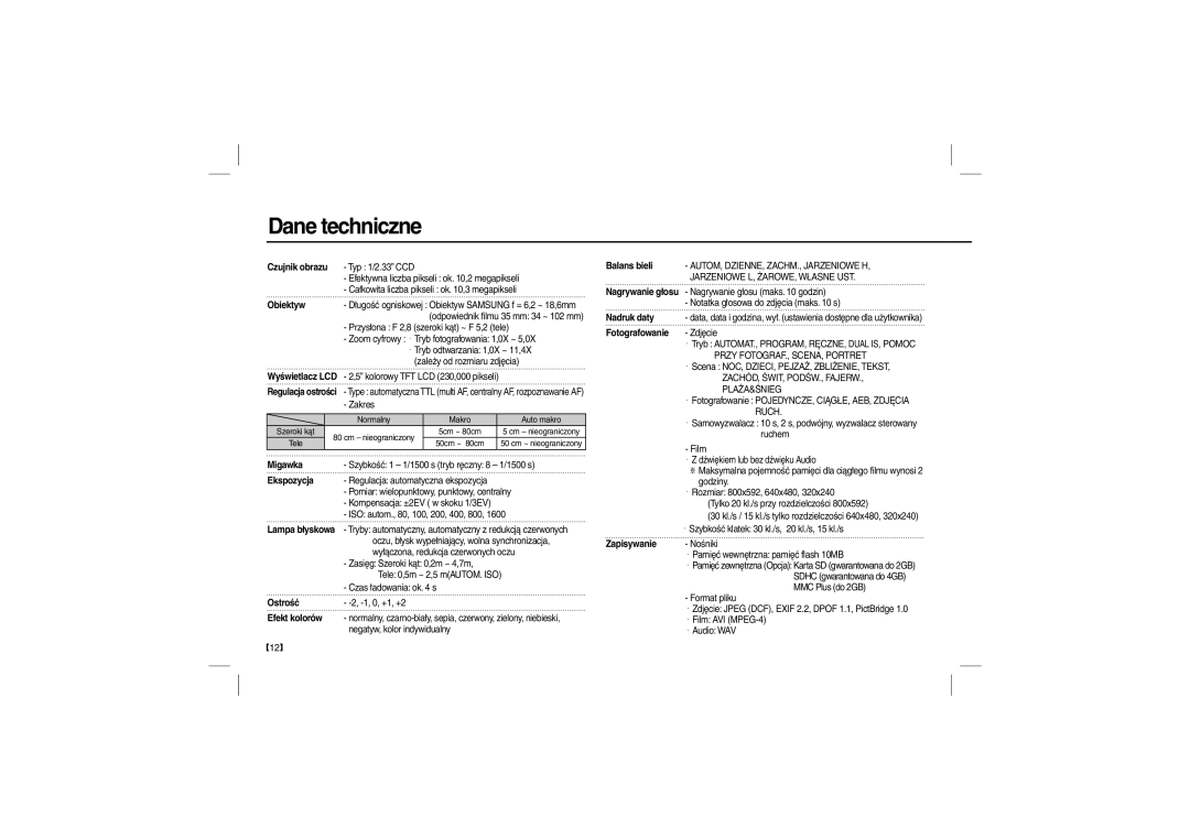 Samsung EC-L210ZSBB/E1, EC-L210B01KFR, EC-L210ZUDA/E3, EC-L210ZSDA/E3, EC-L210ZRDA/E3, EC-L210ZRBA/E2 manual Dane techniczne 