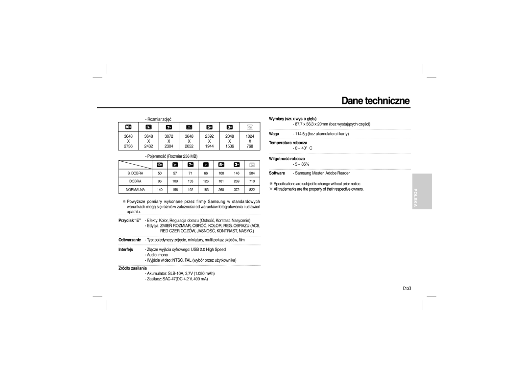 Samsung EC-L210ZPBA/IT, EC-L210B01KFR manual Interfejs, Źródło zasilania, Wymiary szr. x wys. x głęb, Wilgotność robocza 