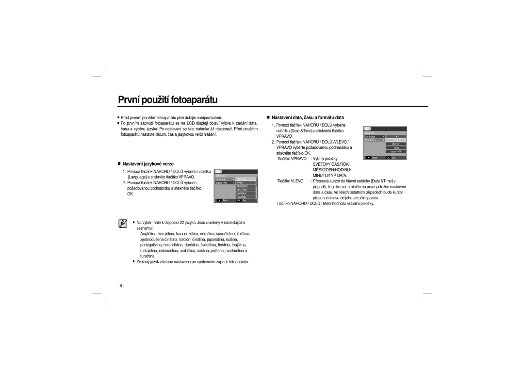 Samsung EC-L210ZUBA/IT manual První použití fotoaparátu, Nastavení data, času a formátu data, Nastavení jazykové verze 