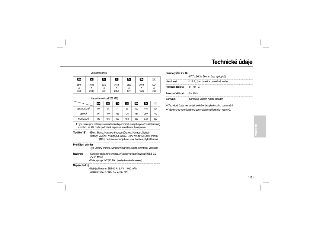 Samsung EC-L210ZRBA/TR manual Prohlížení snímků, Rozhraní, Napájecí zdroj, Rozměry Š x V x H, Hmotnost, Provozní teplota 