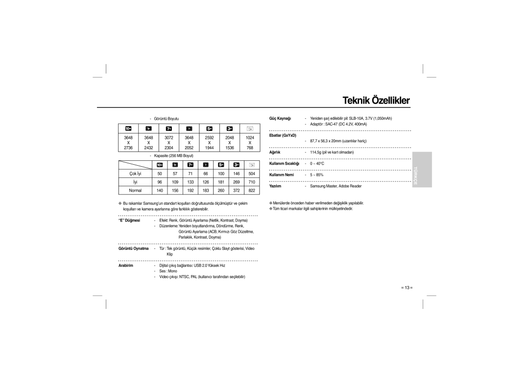 Samsung EC-L210ZRDB/AS manual Düğmesi, Görüntü Oynatma, Arabirim, Güç Kaynağı, Ebatlar GxYxD, Ağırlık, Kullanım Sıcaklığı 