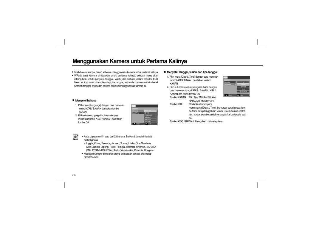 Samsung EC-L210ZBBA/E2 Menggunakan Kamera untuk Pertama Kalinya, Menyetel tanggal, waktu dan tipe tanggal, Menyetel bahasa 