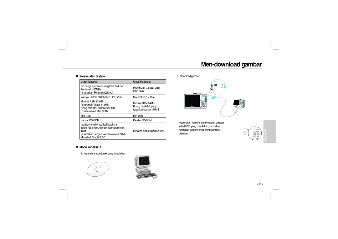 Samsung EC-L210ZRBA/FR, EC-L210B01KFR, EC-L210ZUDA/E3 manual Men-download gambar, Persyaratan Sistem, Mode koneksi PC 