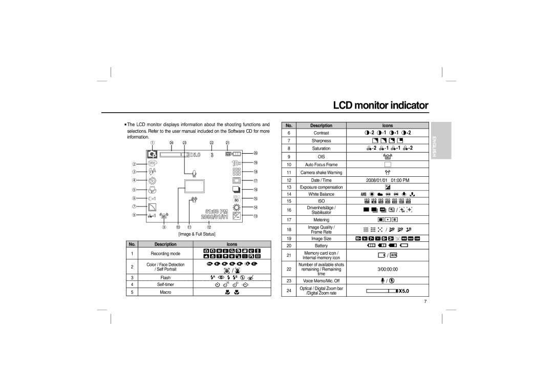 Samsung EC-L210ZBDA/E3, EC-L210B01KFR, EC-L210ZUDA/E3, EC-L210ZSDA/E3, EC-L210S01KFR LCD monitor indicator, Description Icons 