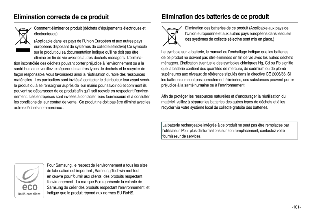 Samsung EC-L210ZPDA/E3, EC-L210B01KFR manual Elimination correcte de ce produit, Elimination des batteries de ce produit 