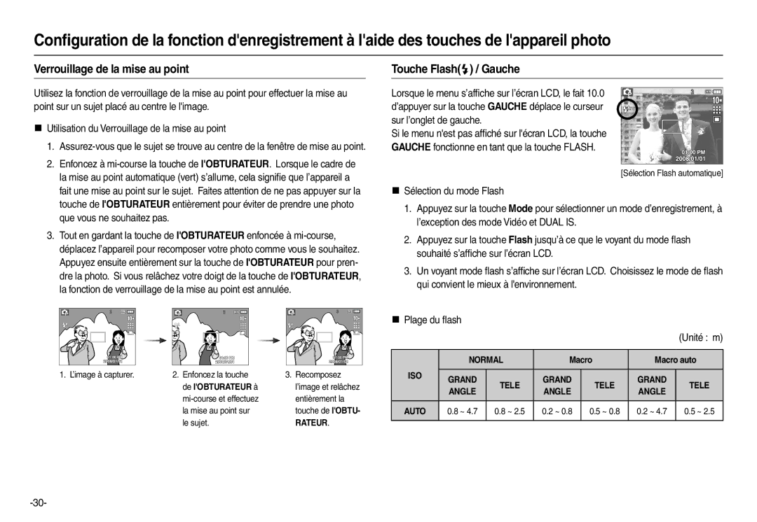 Samsung EC-L210ZRBA/FR, EC-L210B01KFR Verrouillage de la mise au point, Touche Flash / Gauche, De lOBTURATEUR à, Unité m 