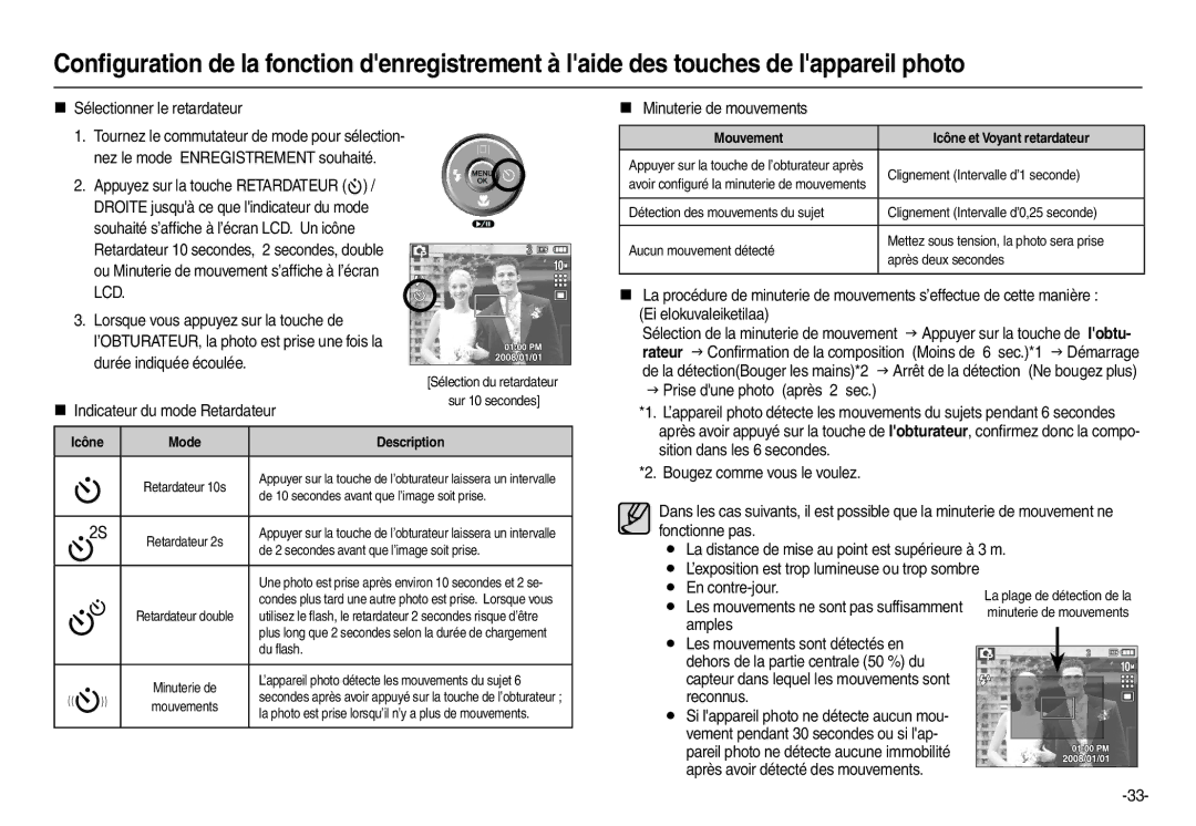 Samsung EC-L210ZSDA/E3 manual „ Sélectionner le retardateur, „ Indicateur du mode Retardateur, „ Minuterie de mouvements 