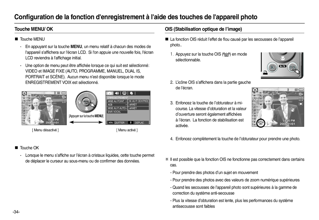 Samsung EC-L210ZRDA/E3 manual Touche MENU/ OK, OIS Stabilisation optique de l’image, „ Touche OK, Activée, Menu désactivé 