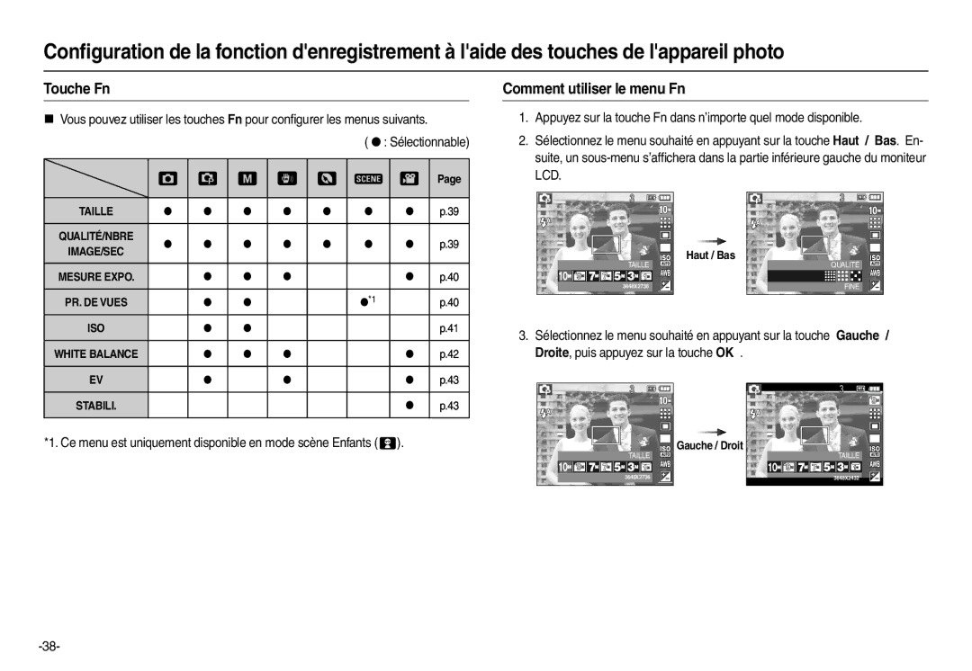 Samsung EC-L210S01KFR Touche Fn, Comment utiliser le menu Fn, Ce menu est uniquement disponible en mode scène Enfants  