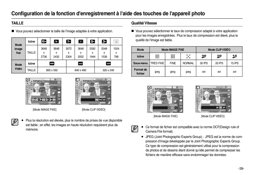 Samsung EC-L210ZBDA/E3, EC-L210B01KFR, EC-L210ZUDA/E3, EC-L210ZSDA/E3 manual Taille, Qualité/ Vitesse, Mode Mode Image Fixe 