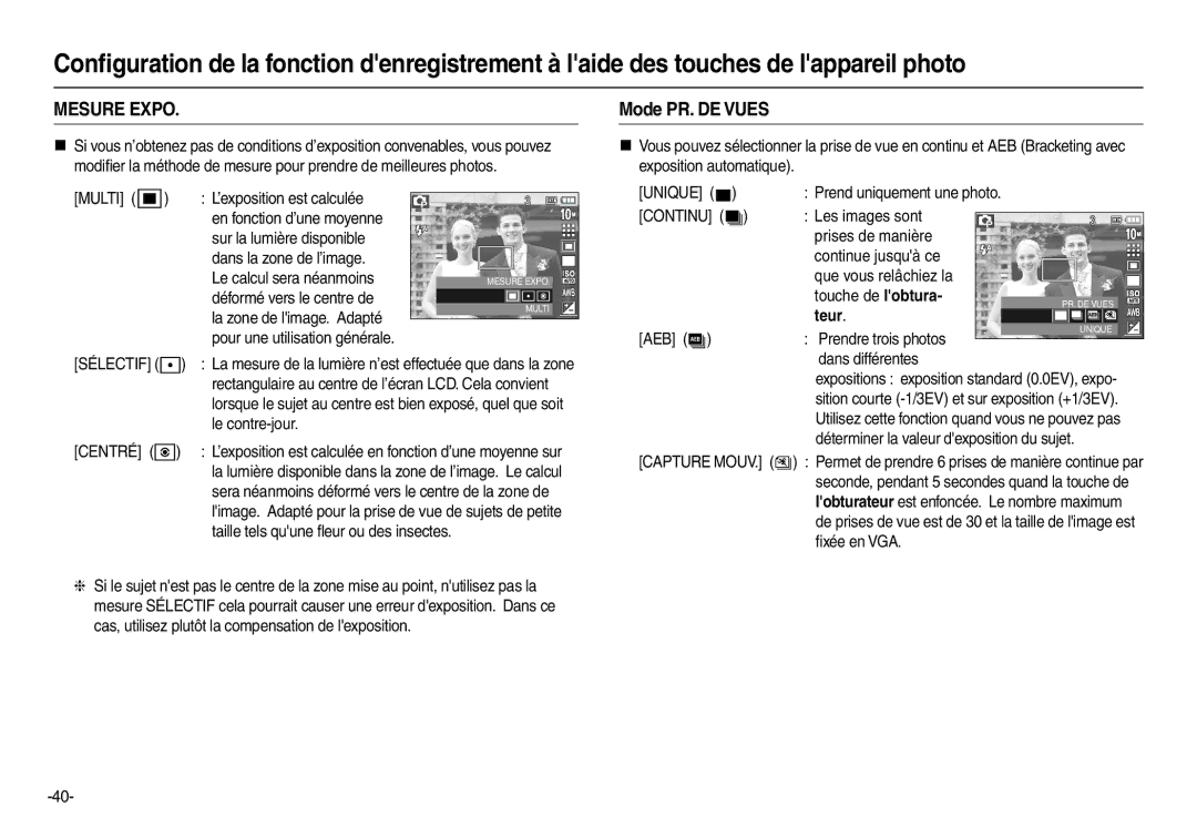 Samsung EC-L210R01KFR, EC-L210B01KFR, EC-L210ZUDA/E3, EC-L210ZSDA/E3 manual Mesure Expo, Mode PR. DE Vues, Continu , Teur 