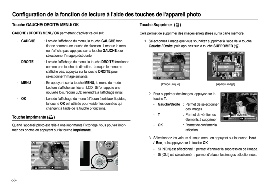 Samsung EC-L210R01KFR, EC-L210B01KFR manual Touche GAUCHE/ DROITE/ MENU/ OK, Touche Supprimer , Touche Imprimante  