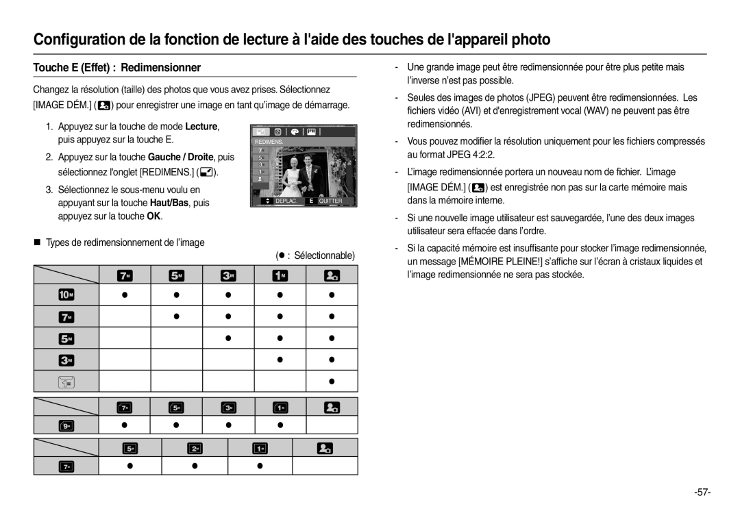 Samsung EC-L210ZBBA/E2, EC-L210B01KFR, EC-L210ZUDA/E3, EC-L210ZSDA/E3, EC-L210ZRDA/E3 manual Touche E Effet Redimensionner 