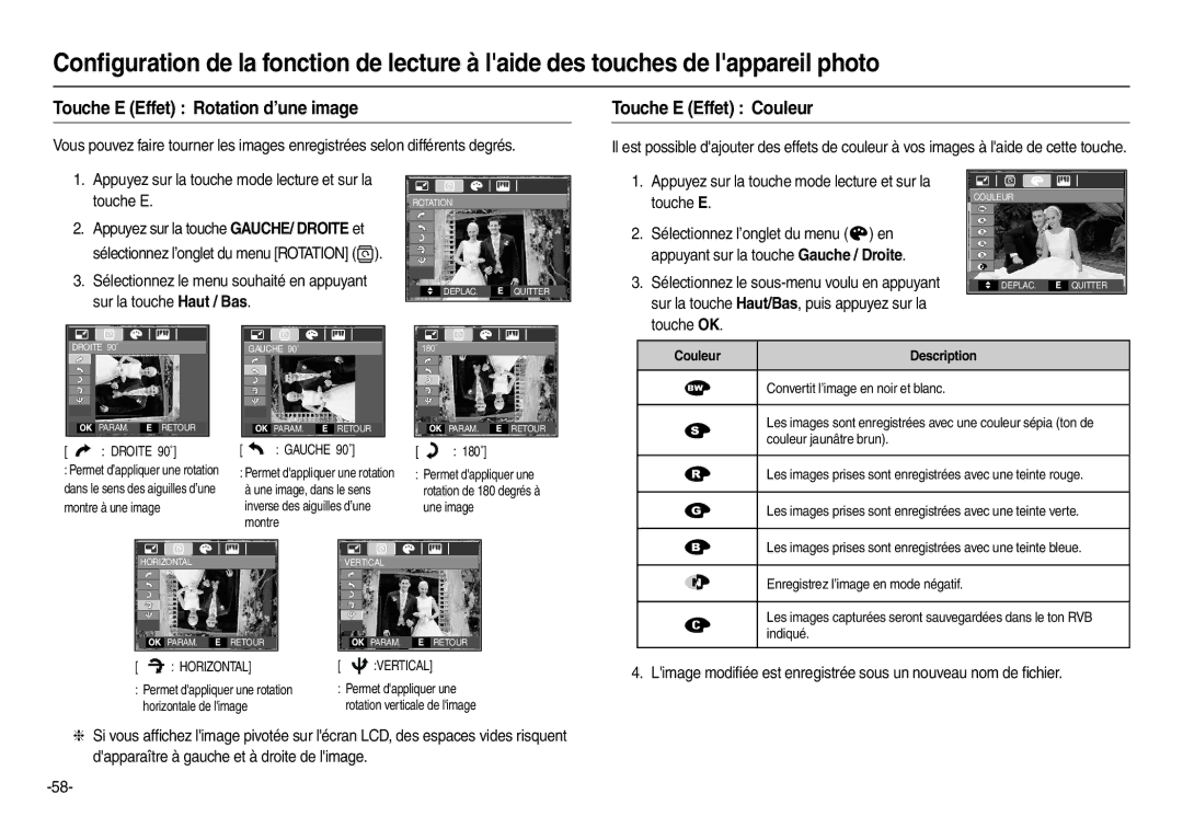 Samsung EC-L210ZPBA/FR Touche E Effet Rotation d’une image, Appuyez sur la touche mode lecture et sur la touche E, Indiqué 