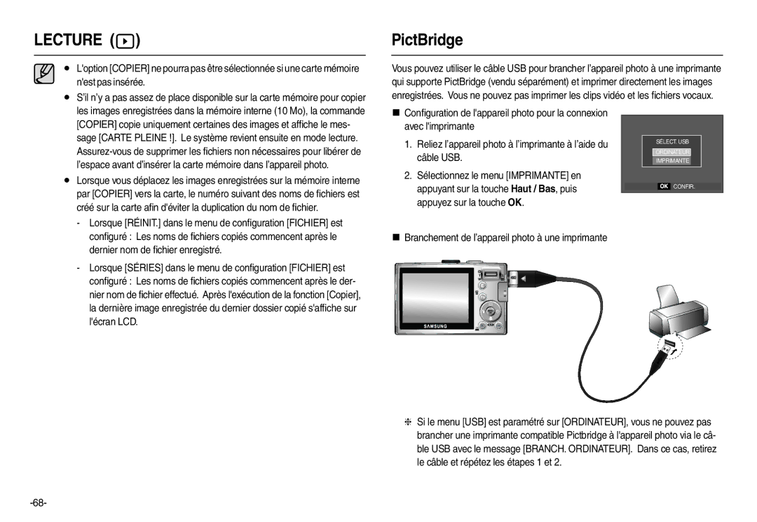 Samsung EC-L210ZBBA/FR, EC-L210B01KFR, EC-L210ZUDA/E3 manual PictBridge, Dernier nom de ﬁchier enregistré, Lécran LCD 