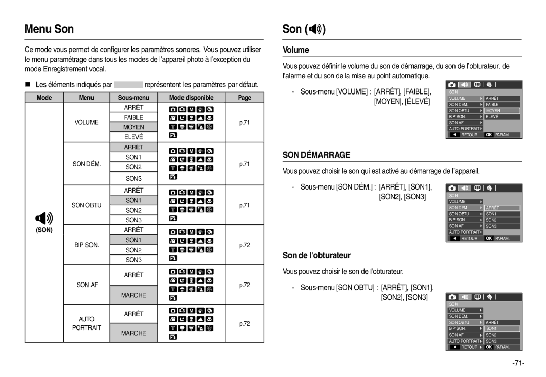 Samsung EC-L210ZBDA/E3, EC-L210B01KFR, EC-L210ZUDA/E3 manual Menu Son, Son , Volume, SON Démarrage, Son de lobturateur 