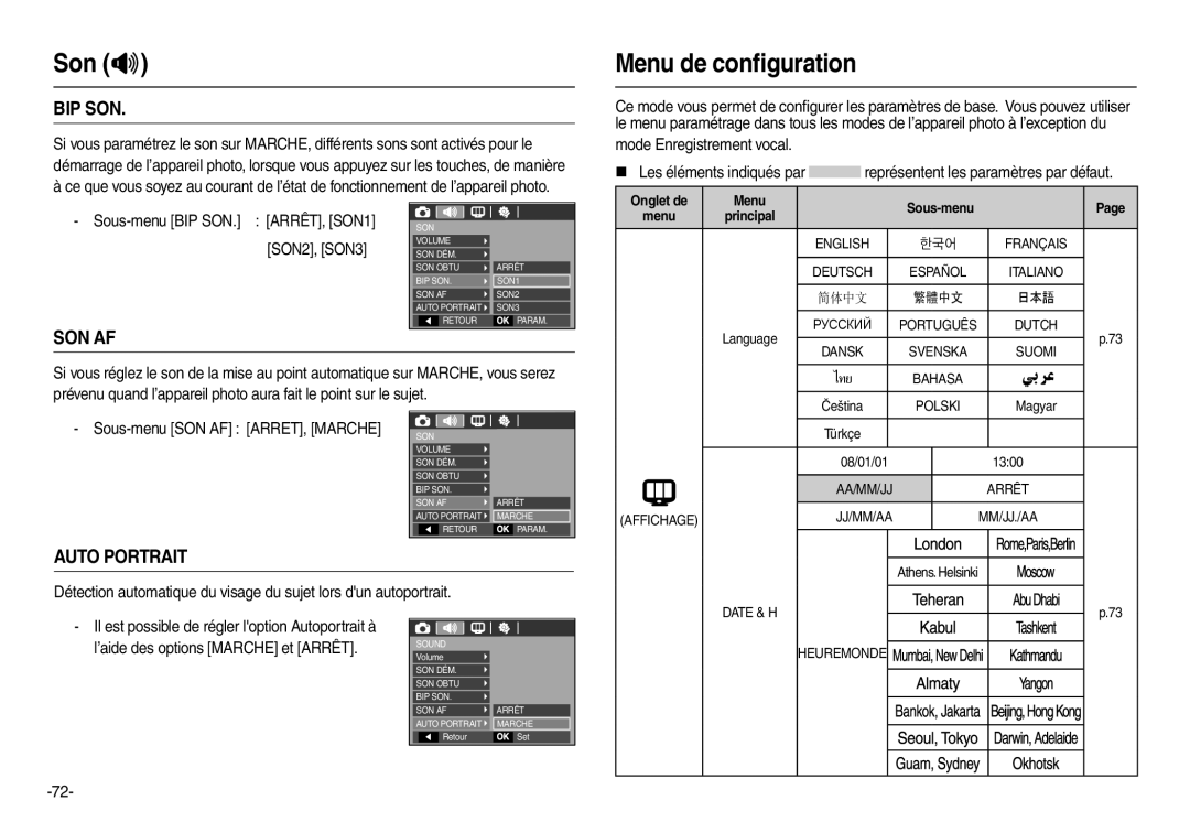 Samsung EC-L210R01KFR Menu de conﬁguration, Bip Son, Son Af, Auto Portrait, Sous-menu BIP SON. ARRÊT, SON1 SON2, SON3 