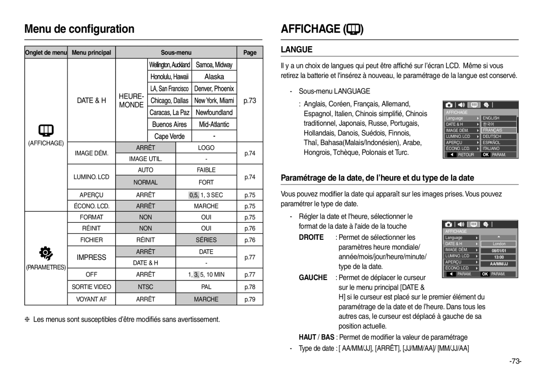 Samsung EC-L210ZBBA/E2, EC-L210B01KFR Langue, Paramétrage de la date, de l’heure et du type de la date, Date & H, Monde 