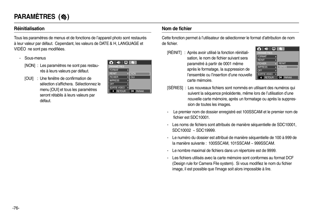 Samsung EC-L210ZUBA/FR manual Réinitialisation, Nom de ﬁchier, Le nombre maximal de ﬁchiers dans un répertoire est de 