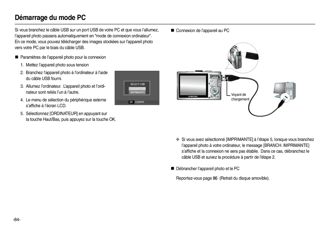 Samsung EC-L210ZBBA/FR, EC-L210B01KFR manual Démarrage du mode PC, La touche Haut/Bas, puis appuyez sur la touche OK 