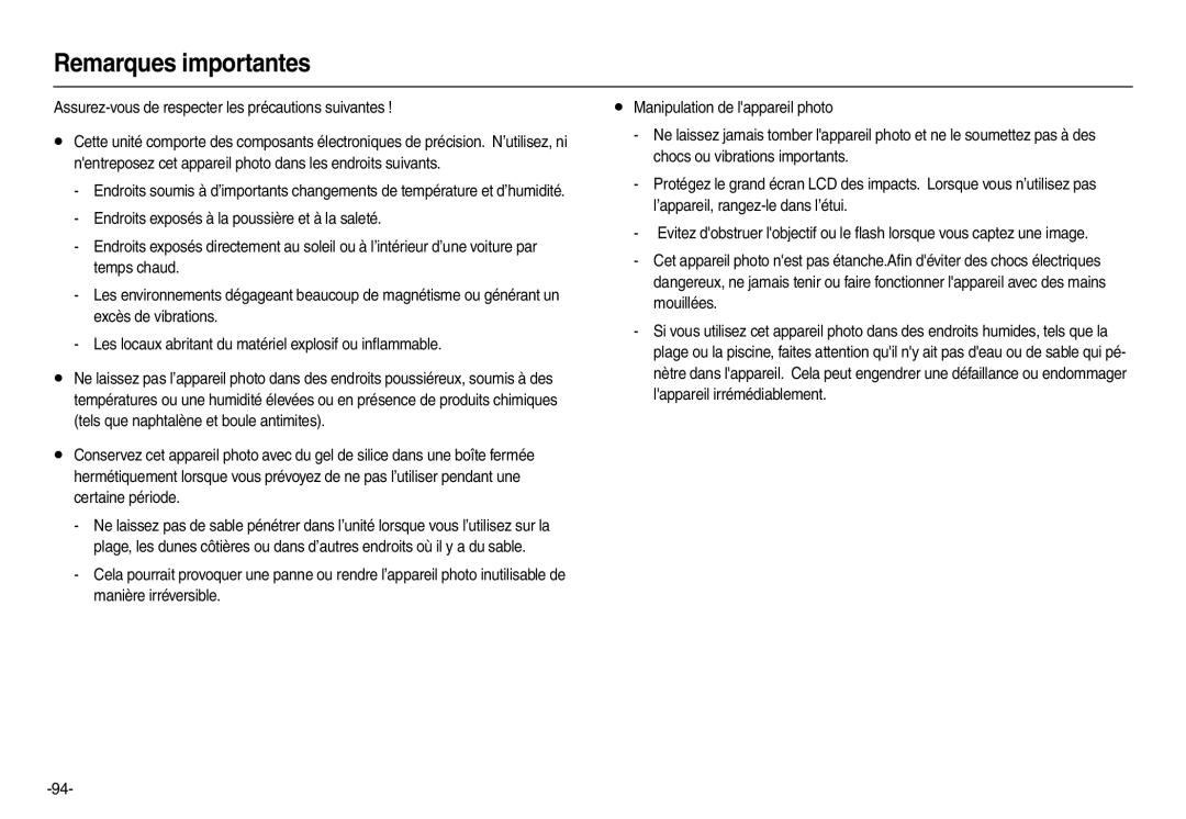 Samsung EC-L210ZRBA/FR, EC-L210B01KFR manual Remarques importantes, Assurez-vous de respecter les précautions suivantes 