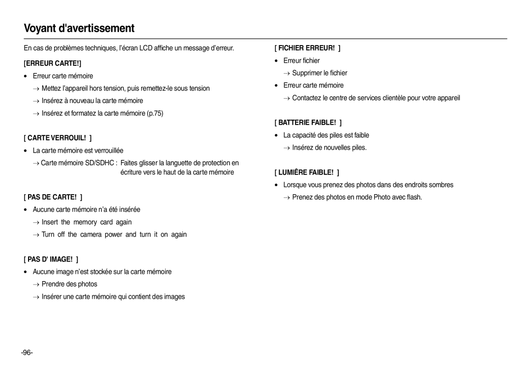 Samsung EC-L210ZUDA/E3, EC-L210B01KFR, EC-L210ZSDA/E3, EC-L210S01KFR Voyant davertissement, La carte mémoire est verrouillée 