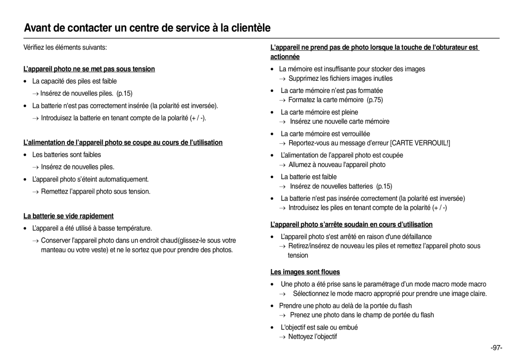 Samsung EC-L210ZSDA/E3 Avant de contacter un centre de service à la clientèle, ’appareil photo ne se met pas sous tension 