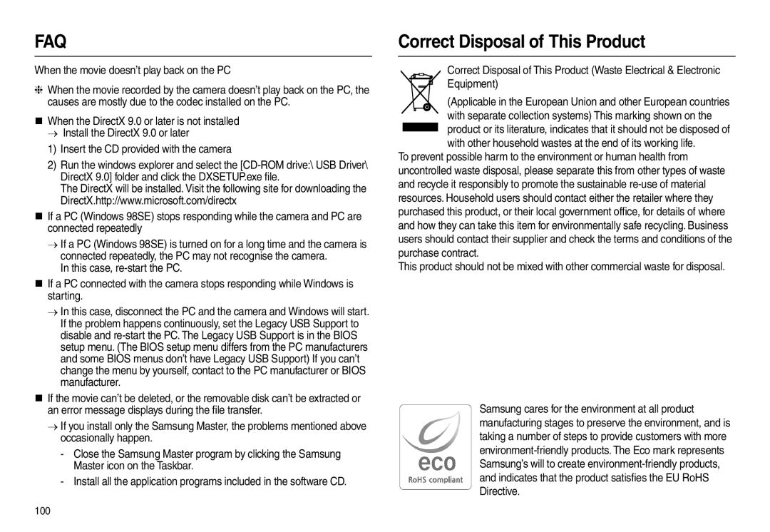 Samsung EC-L210ZBDA/AS, EC-L210B01KFR manual Correct Disposal of This Product, When the movie doesn’t play back on the PC 