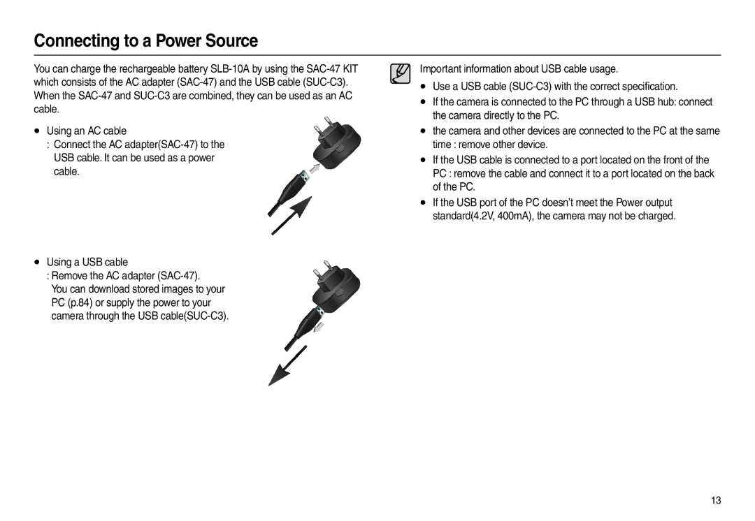 Samsung EC-L210ZSBA/FR, EC-L210B01KFR, EC-L210ZUDA/E3, EC-L210ZSDA/E3, EC-L210ZRDA/E3 manual Connecting to a Power Source 