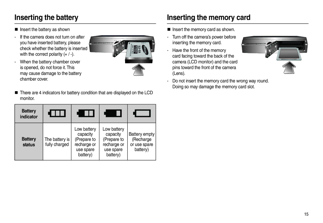 Samsung EC-L210ZSBB/E1 manual Inserting the battery Inserting the memory card, When the battery chamber cover, Battery 