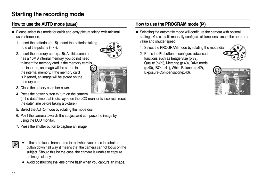 Samsung EC-L210ZRBA/E1, EC-L210B01KFR Starting the recording mode, How to use the Auto mode, How to use the Program mode 