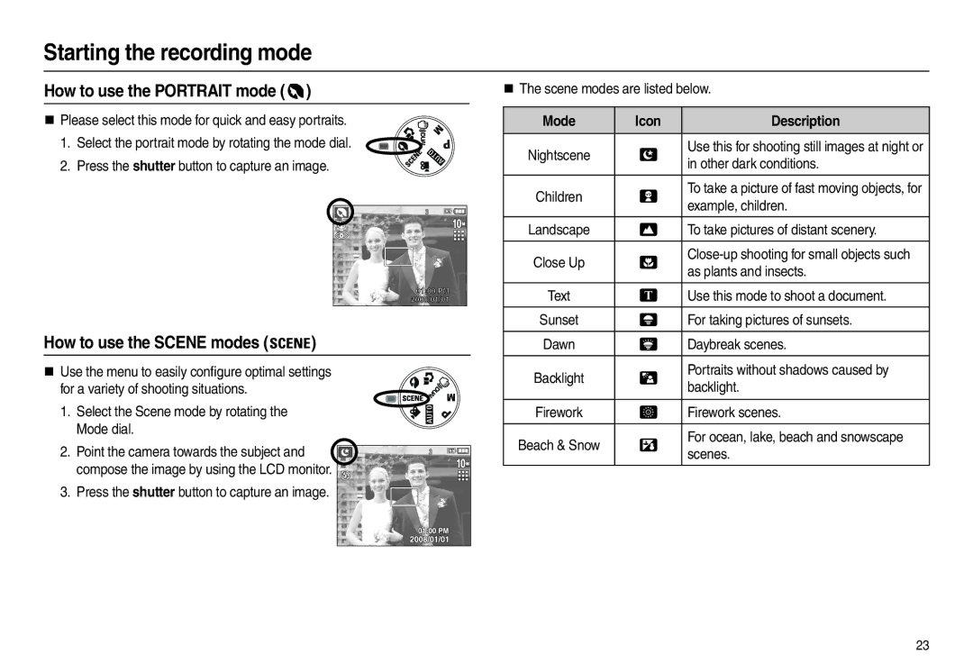 Samsung EC-L210ZRBA/IT, EC-L210B01KFR manual How to use the Portrait mode, How to use the Scene modes, Mode Icon Description 