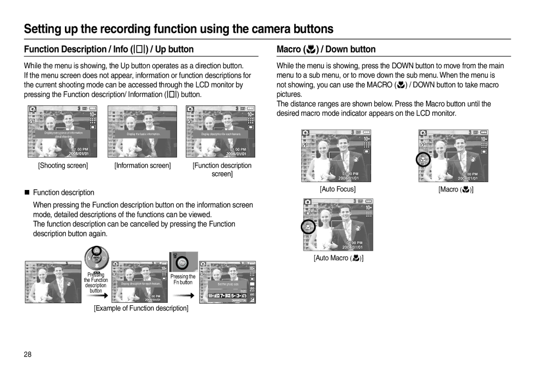 Samsung EC-L210ZSBA/GB manual Function Description / Info  / Up button, Macro  / Down button, „ Function description 