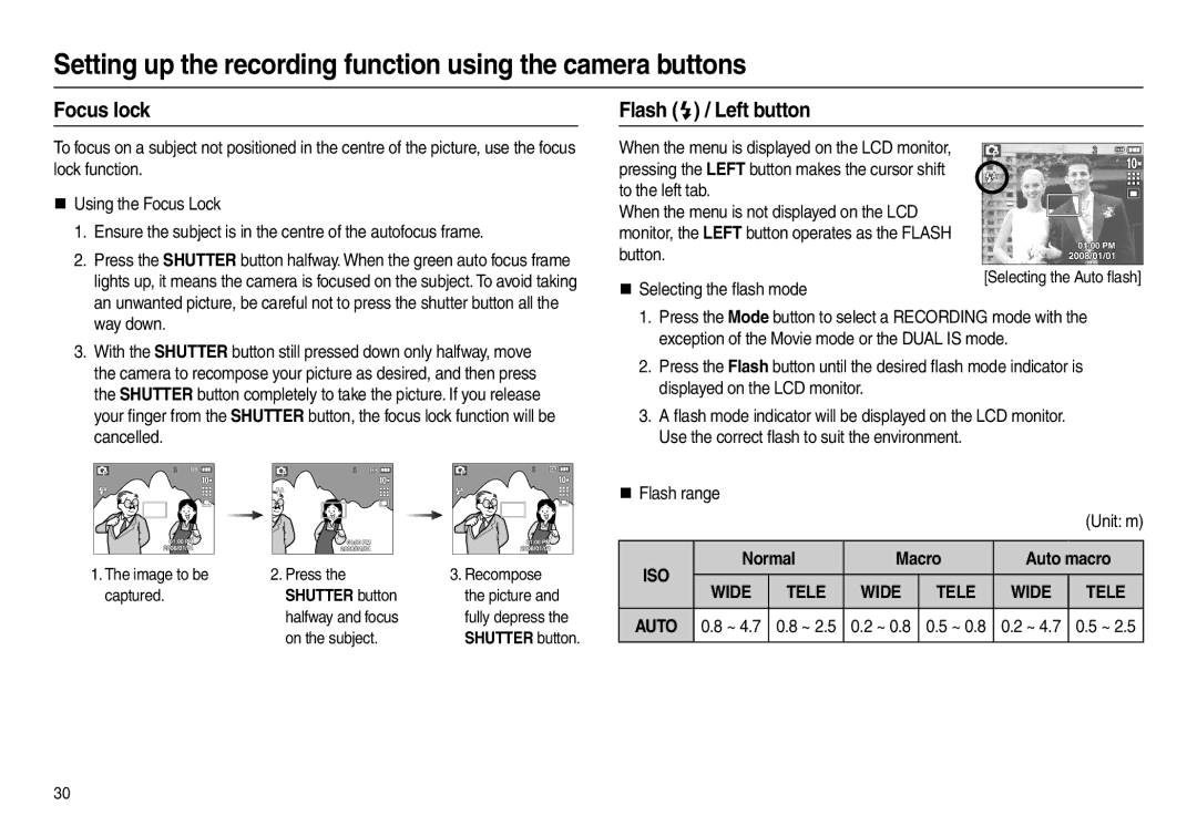 Samsung EC-L210ZBBA/AS, EC-L210B01KFR, EC-L210ZUDA/E3 manual Focus lock, Flash  / Left button, Normal Macro Auto macro 