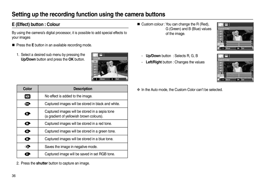 Samsung EC-L210ZRBB/AS, EC-L210B01KFR, EC-L210ZUDA/E3 manual Effect button Colour, Color,  No effect is added to the image 