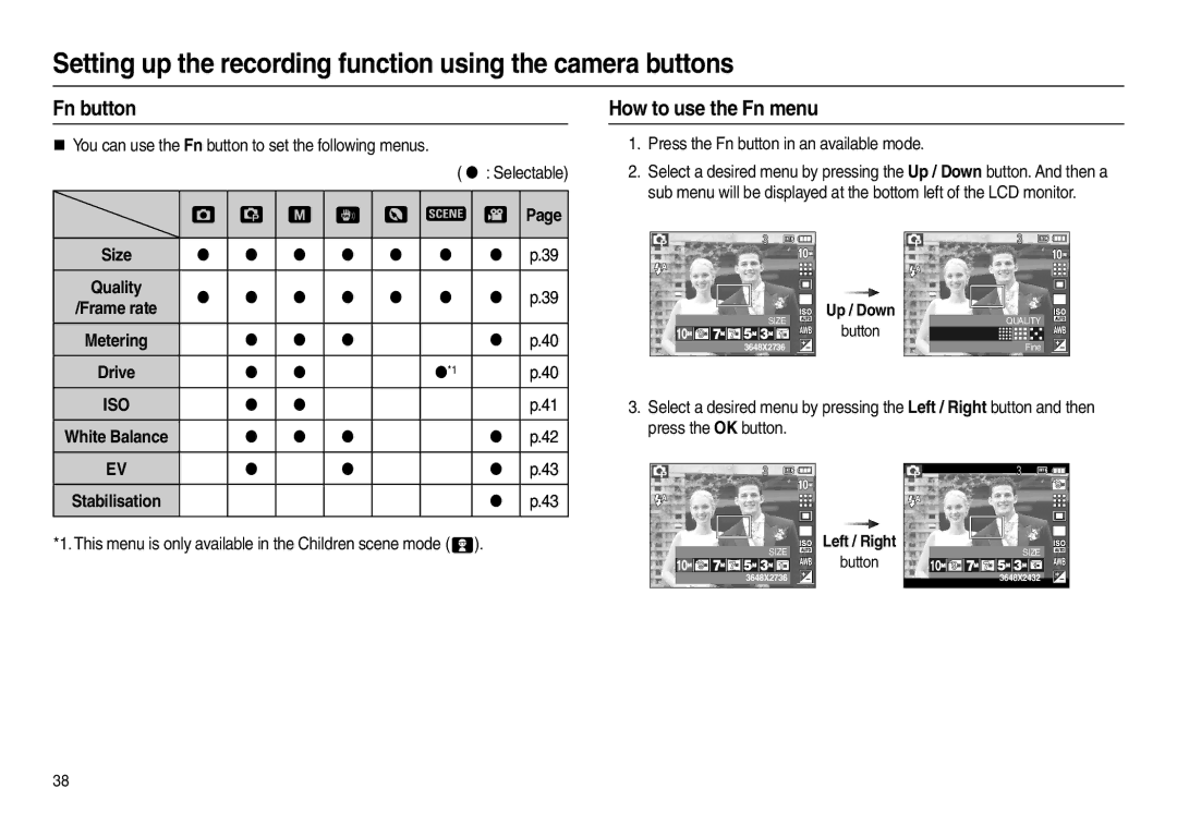 Samsung EC-L210ZSDB/AS manual Fn button, How to use the Fn menu, This menu is only available in the Children scene mode  