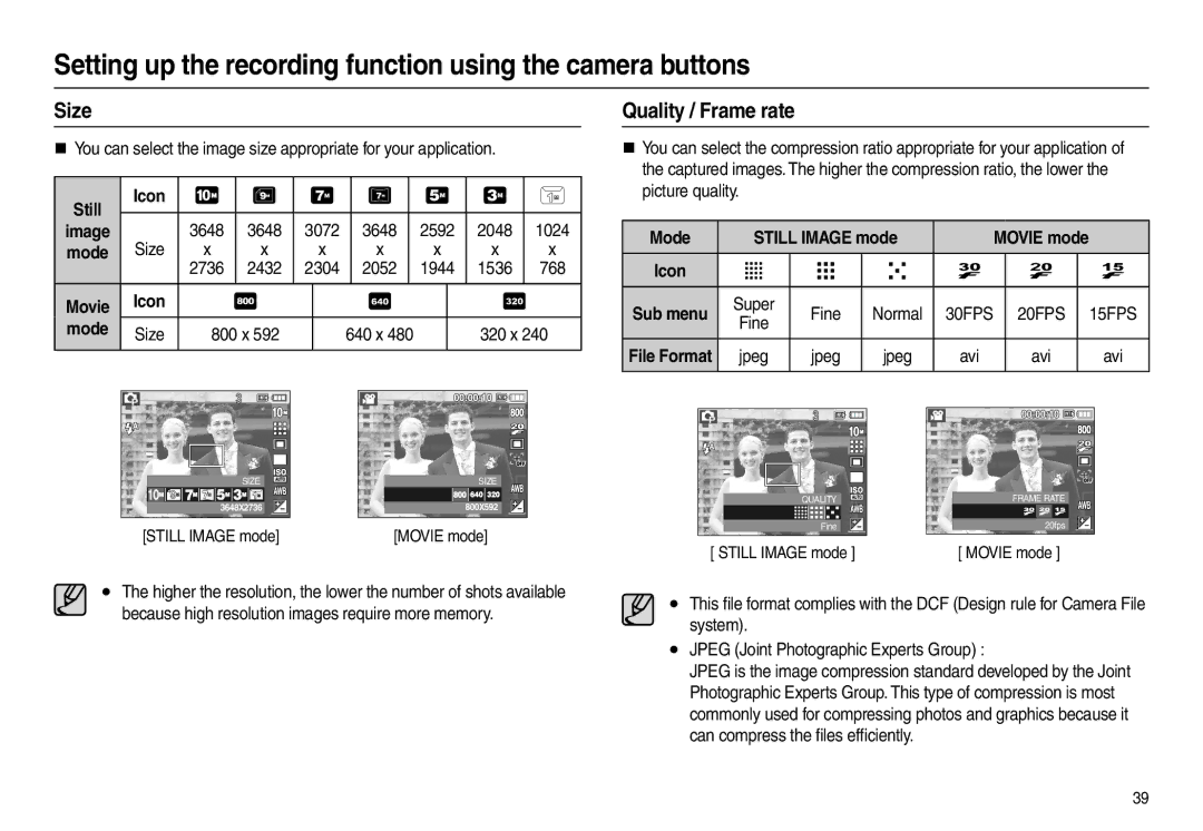 Samsung EC-L210ZBDA/AS, EC-L210B01KFR, EC-L210ZUDA/E3, EC-L210ZSDA/E3 Size, Quality / Frame rate, Mode Still Image mode, Avi 