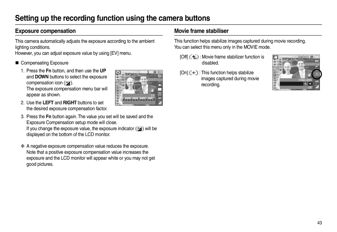 Samsung EC-L210ZSBA/TR manual Movie frame stabiliser, Exposure compensation menu bar will appear as shown, Recording 